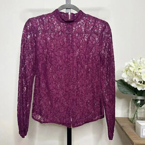 JustFab Plum Lace Long-Sleeve Mock Neck Blouse
